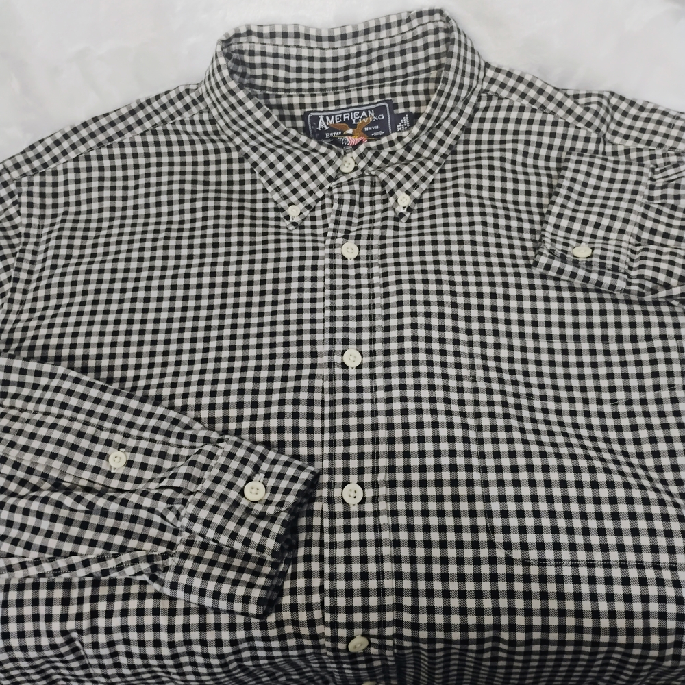 American Living Mens XL‎ Gingham Check Button Down Shirt Black White Cotton G